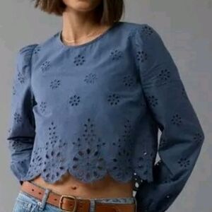 American Eagle Extra Small Blue Eyelet Cut Out Cropped Scalloped Top Boho